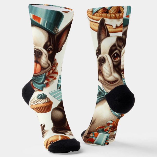 Chaussette Illustration Retro Cute Boston Terrier (Angulaire)