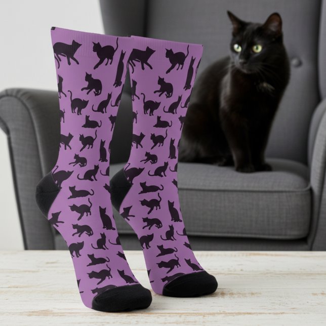 Chaussette Impression de chat violet et noir amusante (Purple and black socks for cat lovers.🐈‍⬛)