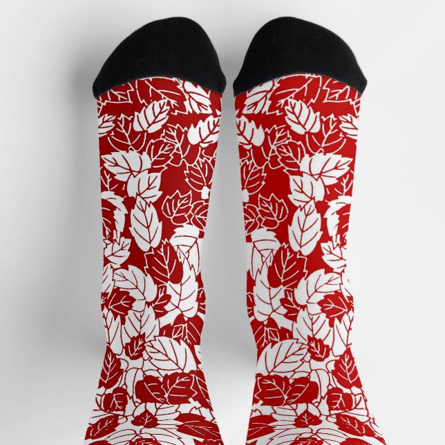 Chaussette Impression de feuille japonaise, rouge foncé et bl (Haut)