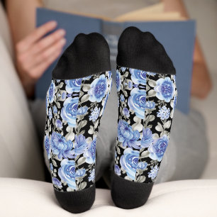Chaussette Imprimé floral bleu élégant sur fond noir