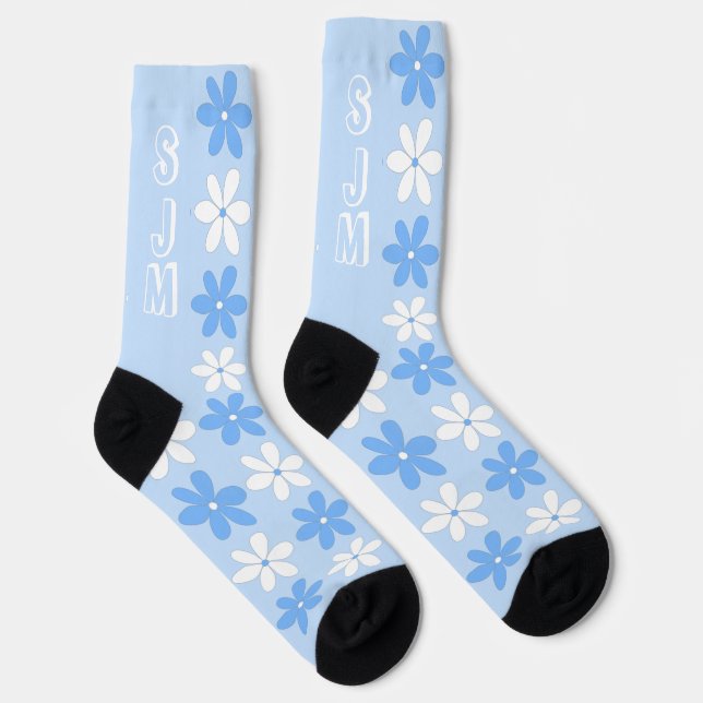 CHAUSSETTE INITIALES DU MONOGRAMME MOTIF DE JOUR BLANC BLEU (Droite)