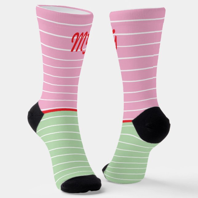Chaussette Initiales style amusant rayures rose vert moderne  (Angulaire)