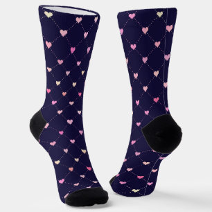 Chaussette Jacquard de coeur rose Motif sur bleu marine