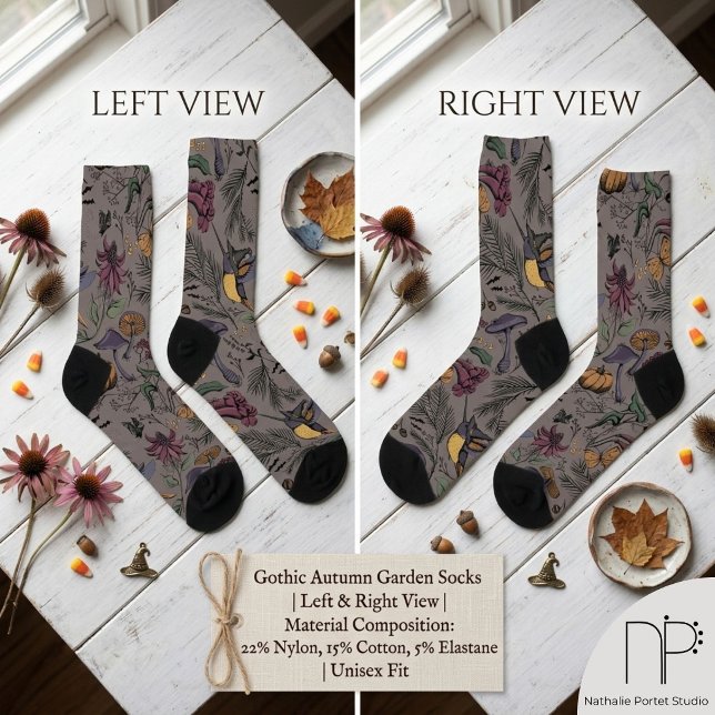 Chaussette Jardin de colibris effrayant (Hand drawn hummingbird and wildflower ink art socks with a chic noir aesthetic)