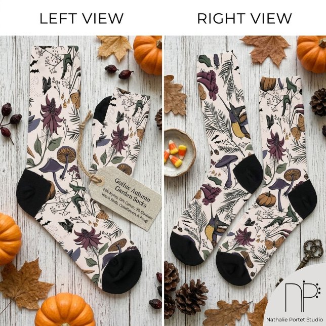 Chaussette Jardin de colibris effrayant (Hand drawn hummingbird and wildflower ink art socks with a chic noir aesthetic)
