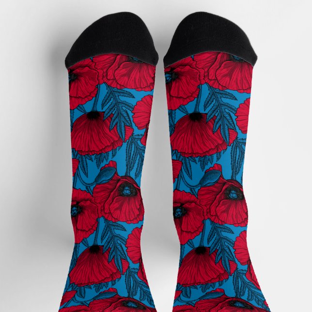 Chaussette Jardin de coquelicots rouges sur fond bleu (Haut)