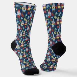 Chaussette Jardin Gnomes et fleurs Marine Bleu Motif