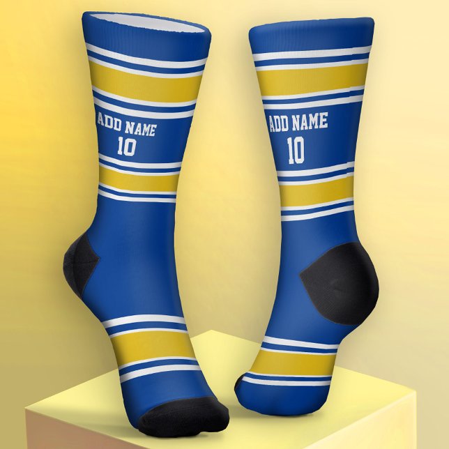 Chaussette Jersey Sport bleu et jaune doré - Nom Numéro (Custom Sport Socks - Add Jersey Name and Number)