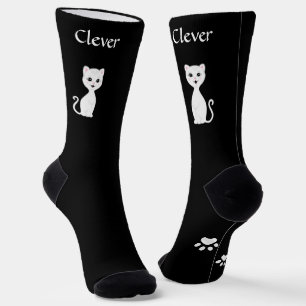 Chaussette Joli chat blanc drôle & pattes sur fond noir
