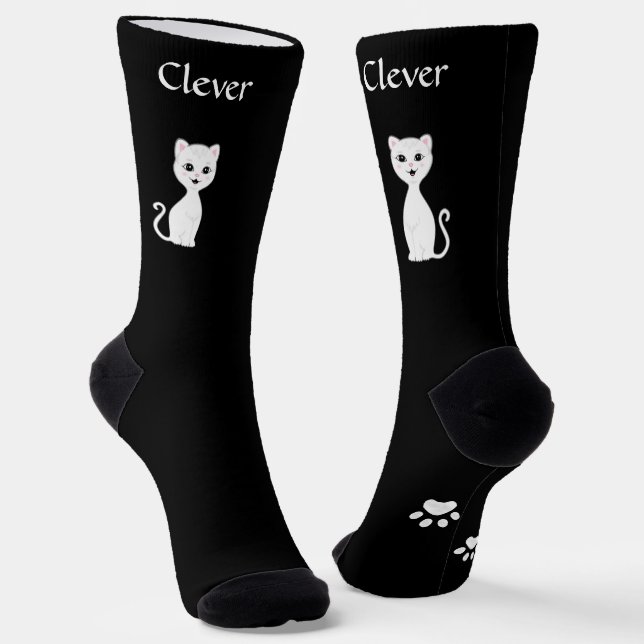 Chaussette Joli chat blanc drôle & pattes sur fond noir (Angulaire)
