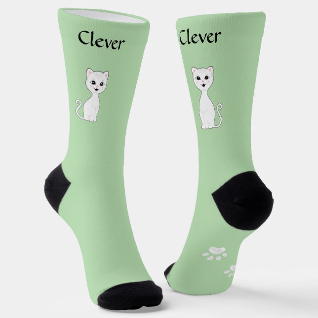 Chaussette Joli chat blanc drôle & pattes sur fond vert clair (Angulaire)