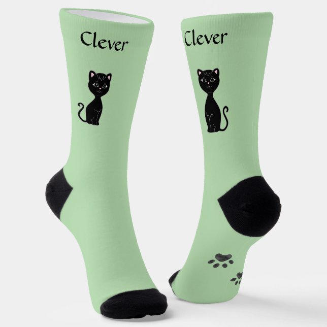 Chaussette Joli chat noir drôle & pattes sur fond vert clair (Angulaire)