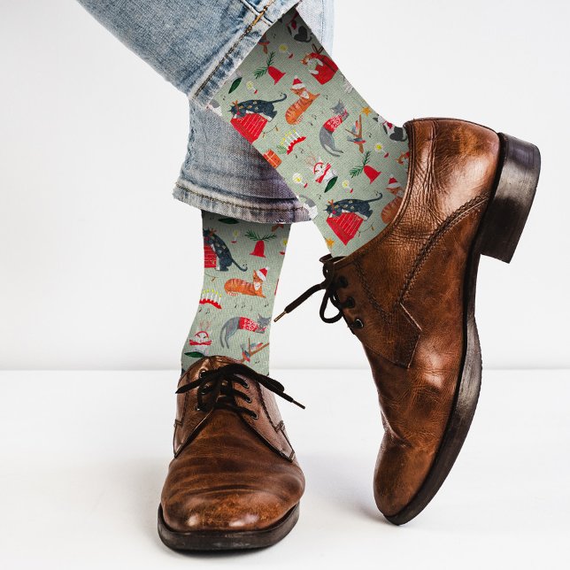 Chaussette joli motif de chat rétro vert Noël  (Créateur téléchargé)
