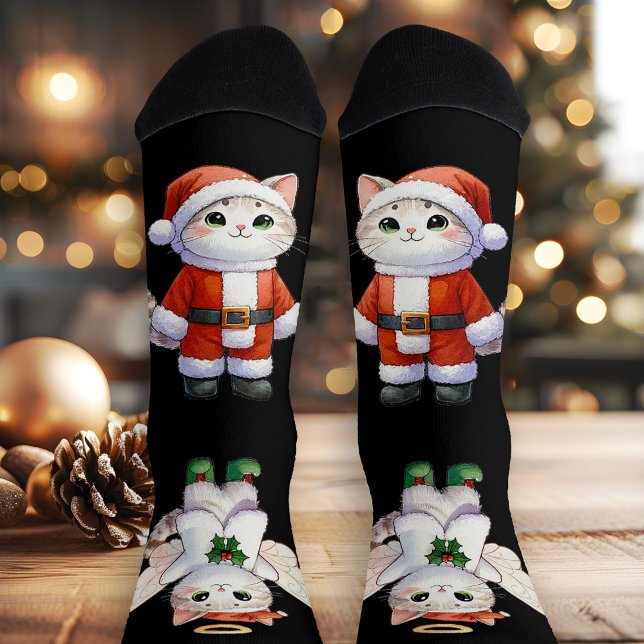 Chaussette Joli Noël Kitty Fun Angel (Socks featuring cute illustrations of a Christmas cat and cat angel)