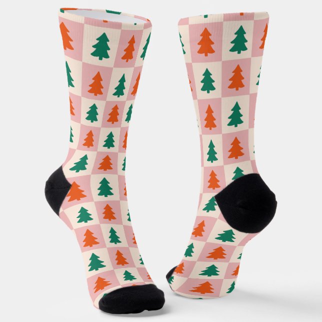 Chaussette Joli sapin de Noël motif vert rétro rose (Angulaire)