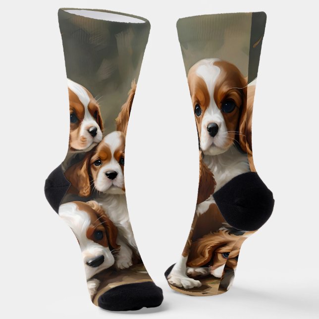 Chaussette Jolie Brode Chiots Espagnols Cavaliers, (Angulaire)