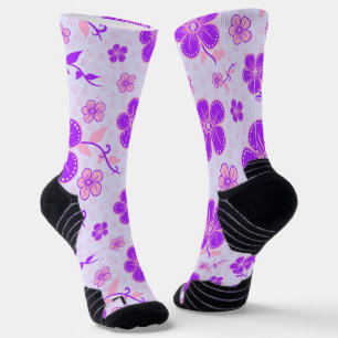 Chaussette Jolie impression florale violette et rose sur fond