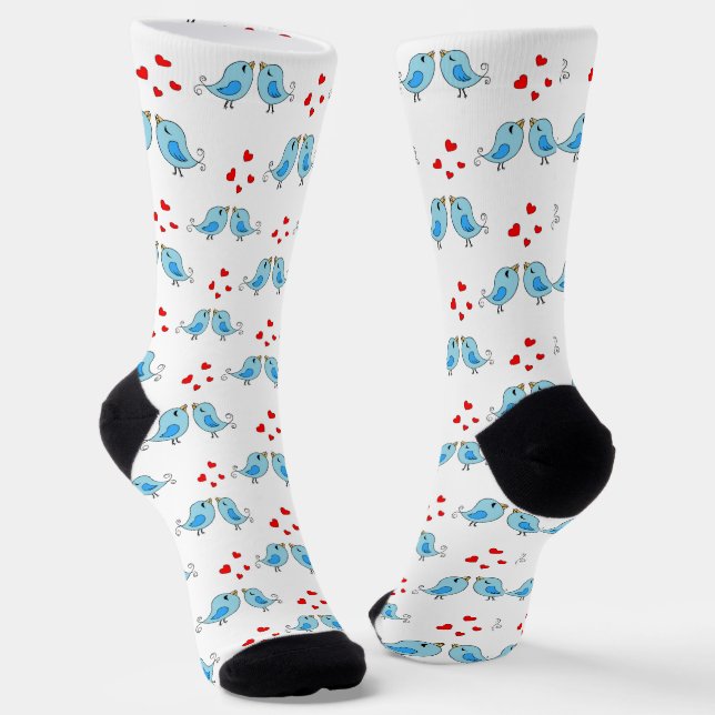 Chaussette Jolis Petits Oiseaux Bleus sur Fond Blanc (Angulaire)