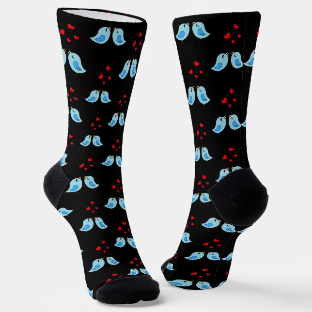 Chaussette Jolis Petits Oiseaux Bleus sur Fond Noir (Angulaire)