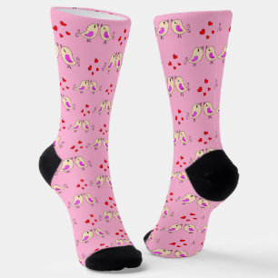 Chaussette Jolis Petits Oiseaux Jaunes & Cœurs sur Rose Clair
