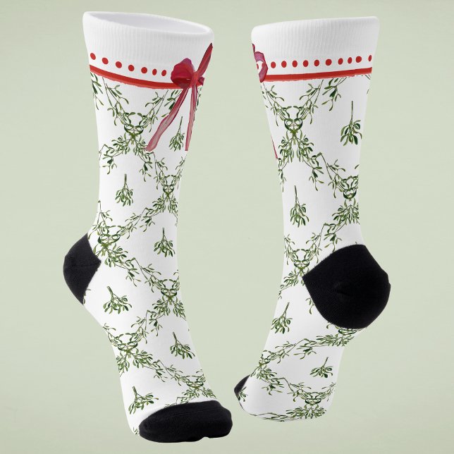 Chaussette Joyeuses fêtes Mistletoe Red Bow Custom Christmas (Créateur téléchargé)