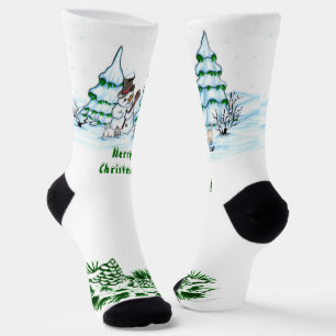 Chaussette Joyeux Noël ! Bonhomme de neige avec chat et chiot