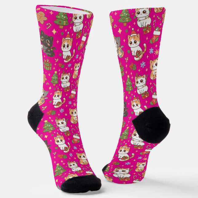 Chaussette Kawaii Christmas Cats Holiday Pattern Crew Socks (Angulaire)