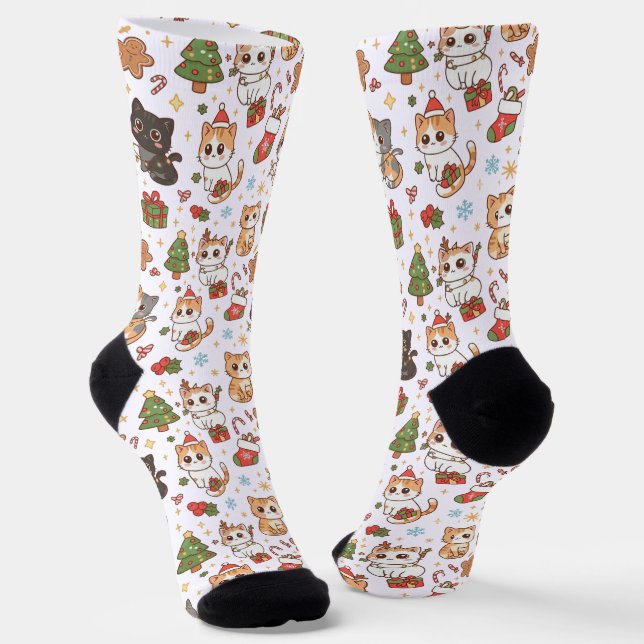 Chaussette Kawaii Christmas Cats Holiday Pattern Crew Socks (Angulaire)