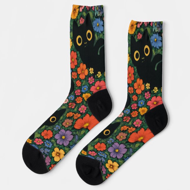 Chaussette Kawaii Garden Art | Cute Black Cat Floral Pattern (Gauche)