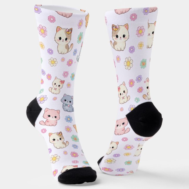Chaussette Kawaii Pastel Chatons et Fleurs  (Angulaire)
