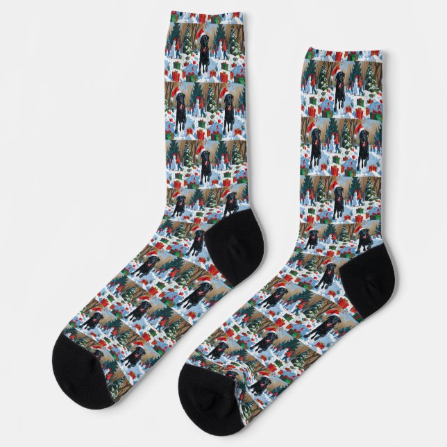 Chaussette Labrador noir scène de Noël festive neige  (Gauche)