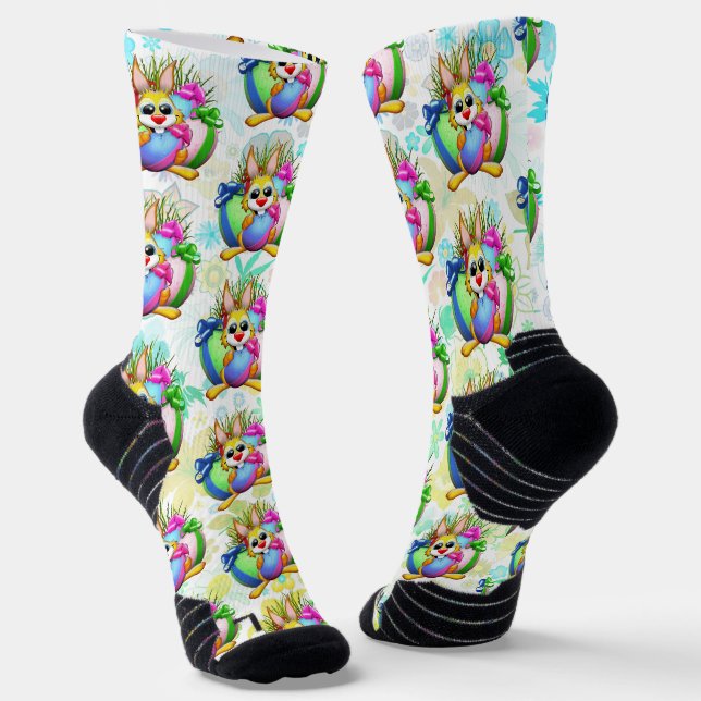Chaussette Lapin drôle mordant un œuf de Pâques (Angulaire)