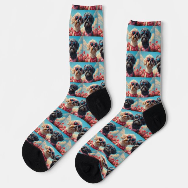 Chaussette Lhasa Apso avec roses de cœur pour la Saint-Valent (Gauche)