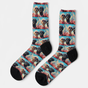Chaussette Lhasa Apso avec Roses de coeur Saint Valentin