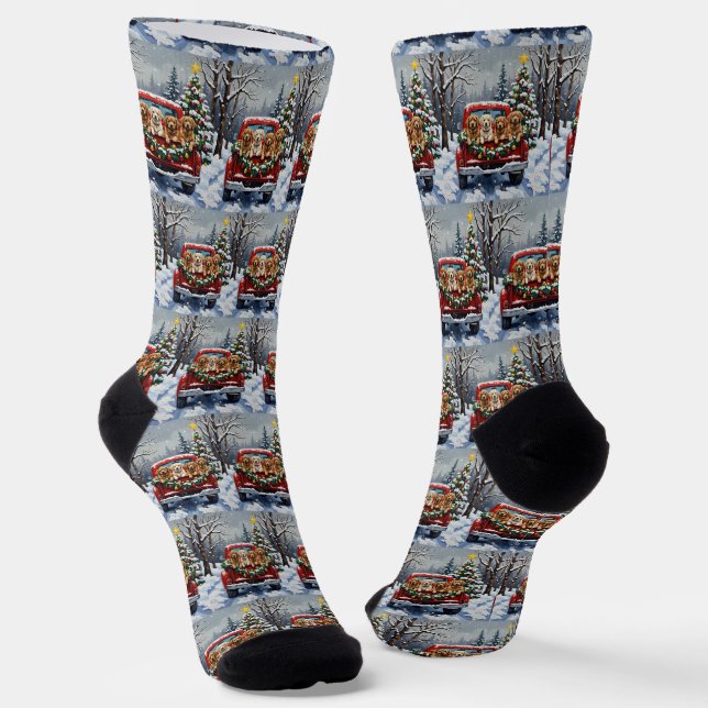 Chaussette Lhasa Apso camion rouge de Noël vacances (Angulaire)