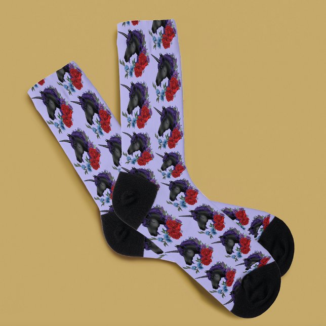 Chaussette Licorne noire fleurs de jardin de minuit violet (Créateur téléchargé)