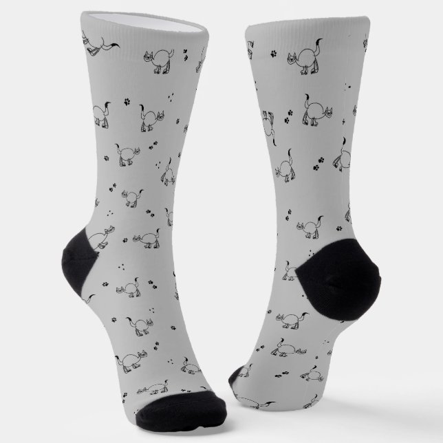 Chaussette Light Charcoal Cat Line Art Pattern Socks (Angulaire)