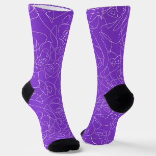 Chaussette lignes courbes abstraites blanches sur fond violet