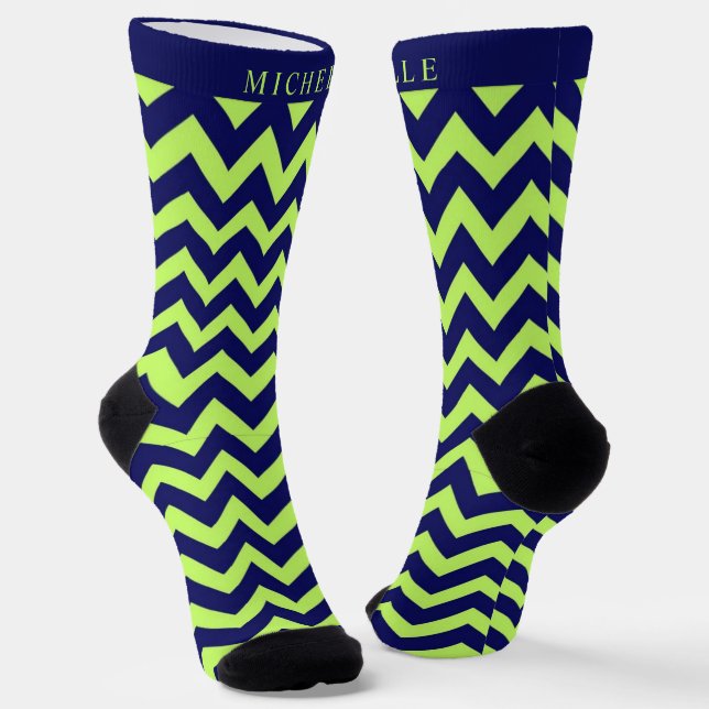 Chaussette Lime Green Navy Blue Chevron Motif (Angulaire)