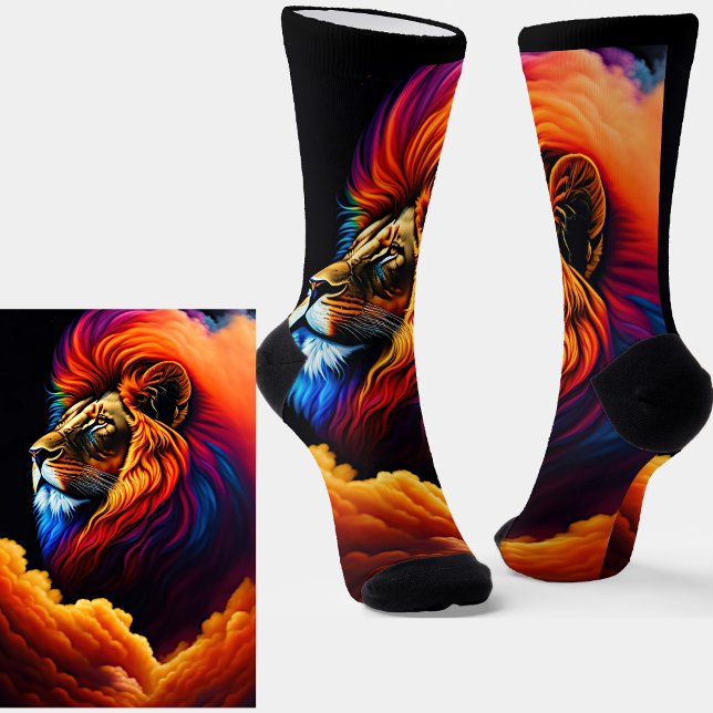 Chaussette Lion coloré avec fumée nuageuse Mane sur noir (Créateur téléchargé)