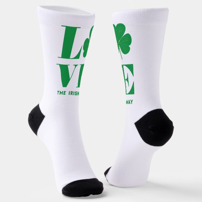 Chaussette Love Shamrock Clover Irish Custom Text Vert Blanc (Angulaire)