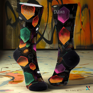 Chaussette Lueur hexagonale abstraite en orange magenta sur f