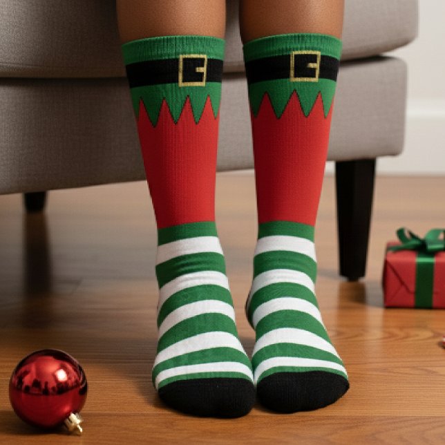 Chaussette Lutin de Noël de Père Noël en vert rayé rouge (Santa's Elf Christmas Green Striped Red Socks
)