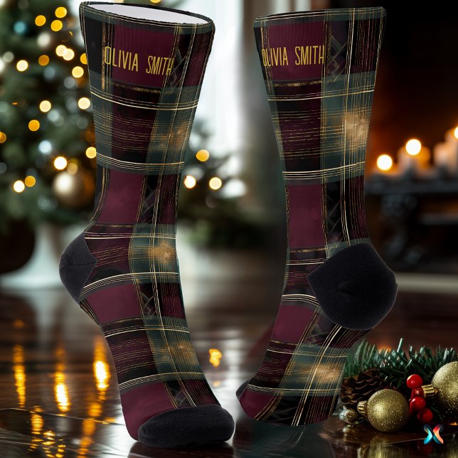 Chaussette Luxueux Bourgogne et or Noël Plaid sur mesure (Créateur téléchargé)