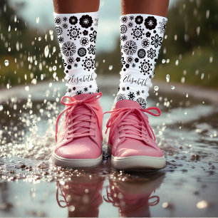 Chaussette Mandala florale noir et blanc hippie boho fleurs