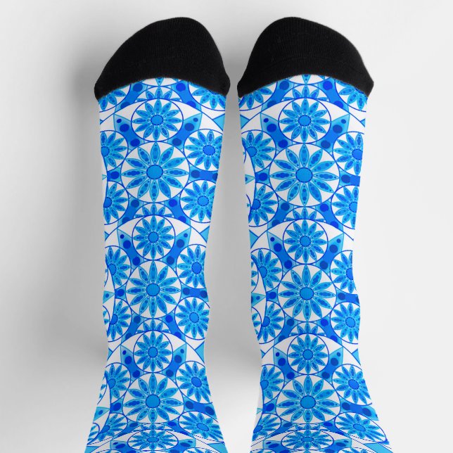 Chaussette Mandala motif, bleu cobalt, turquoise et blanche (Haut)