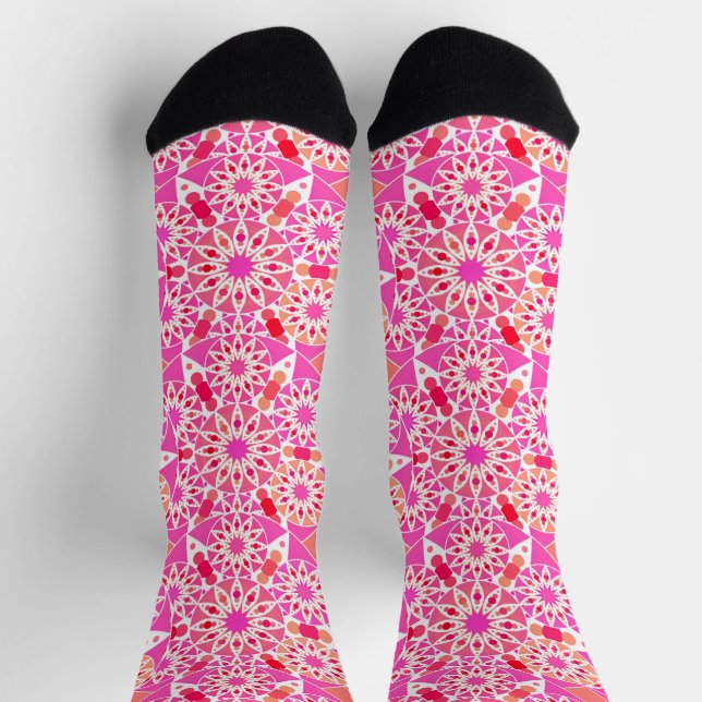 Chaussette Mandala motif, fuchsia rose et corail (Haut)