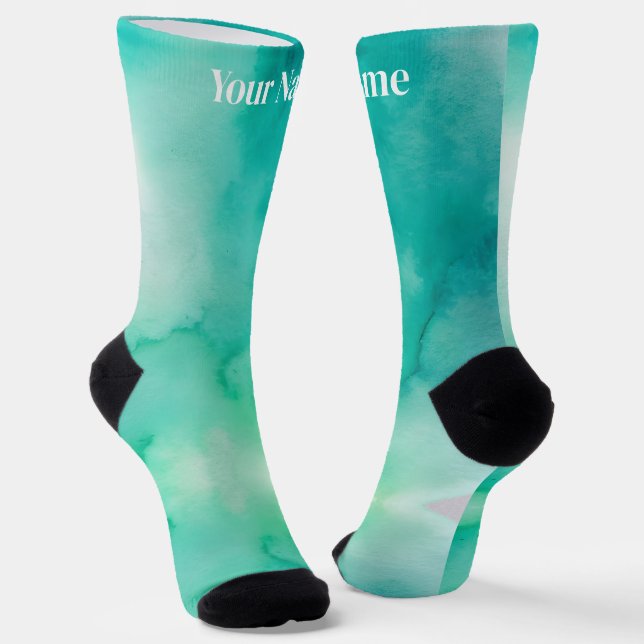 Chaussette Marbre Bleu Vert Sarcelle | Nom Personnalisé (Angulaire)