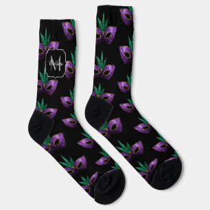 Chaussette Mardi Gras Masque Purple Vert Étincelles Monogramm