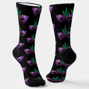 Chaussette Mardi Gras Masque violet vert or éclaboussures mot